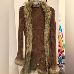 Nasty Gal Brown Sweater with Faux Fur Trim